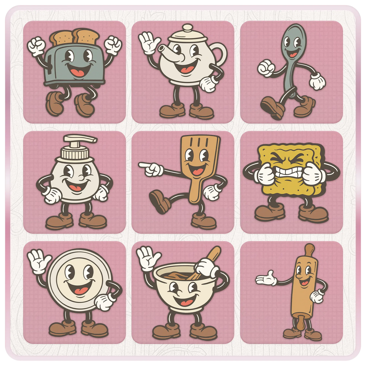 Vintage kitchen mascot clipart preview with retro cartoon toaster, teapot, spoon, soap dispenser, spatula, sponge, rolling pin, mug, mixing bowl, and kitchen utensil SVG files.
