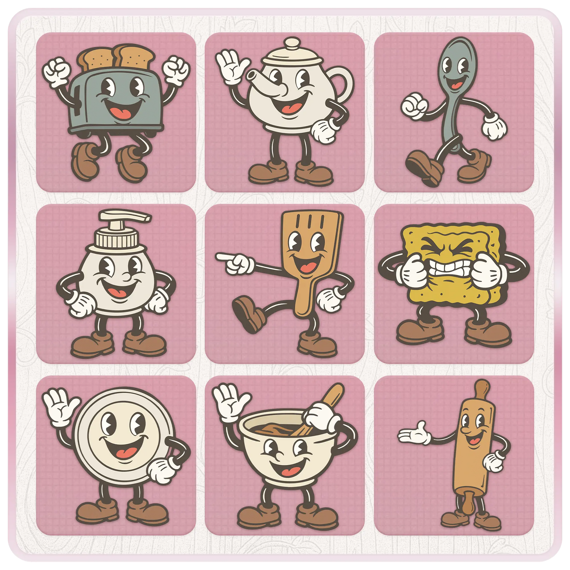 Vintage kitchen mascot clipart preview with retro cartoon toaster, teapot, spoon, soap dispenser, spatula, sponge, rolling pin, mug, mixing bowl, and kitchen utensil SVG files.