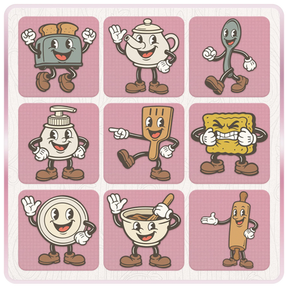 Vintage kitchen mascot clipart preview with retro cartoon toaster, teapot, spoon, soap dispenser, spatula, sponge, rolling pin, mug, mixing bowl, and kitchen utensil SVG files.
