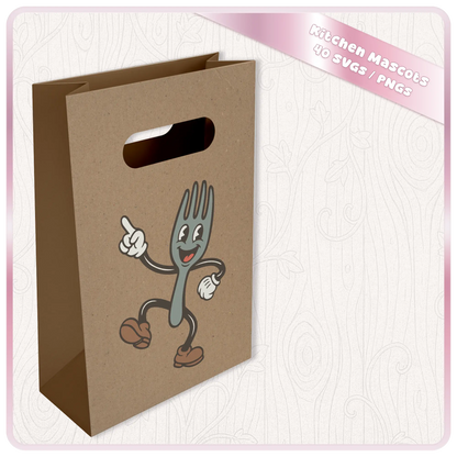 Retro kitchen mascot SVG mockup shown on a kraft paper gift bag with a vintage cartoon fork design for handmade packaging, craft projects, and printable products.
