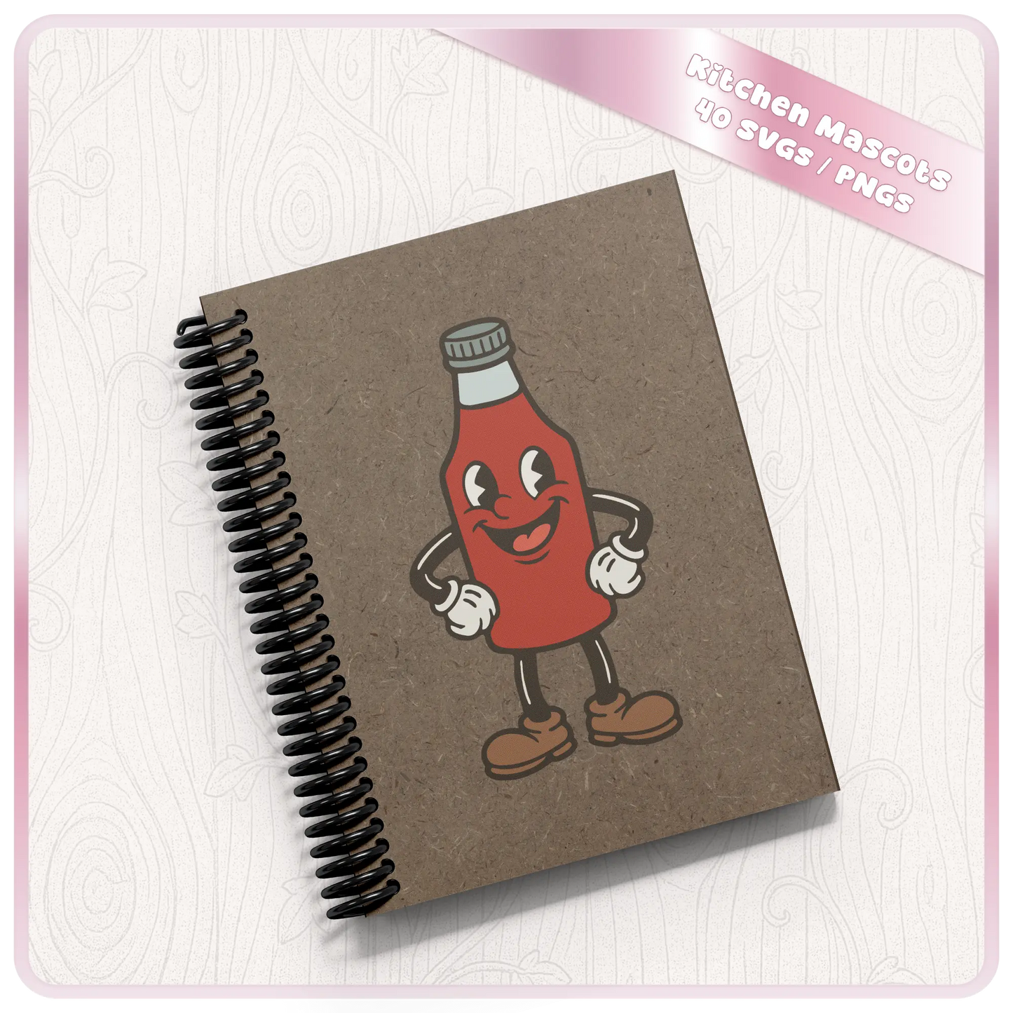 Retro kitchen mascot PNG mockup shown on a spiral notebook with a vintage cartoon ketchup bottle design for stationery, stickers, and printable craft products.