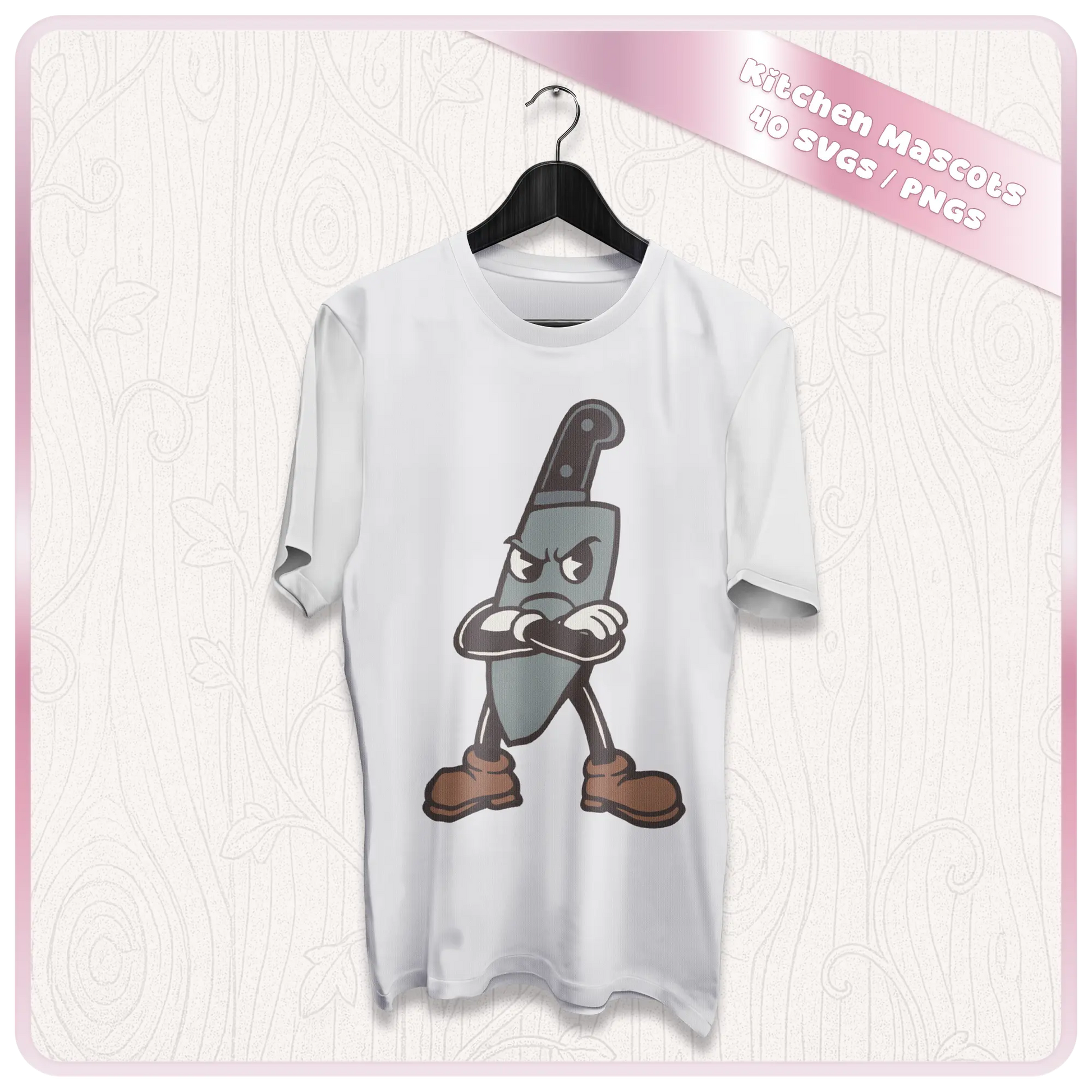Retro kitchen mascot SVG mockup shown on a white t-shirt with a vintage cartoon knife character for sublimation, apparel, Cricut, and print-on-demand designs.