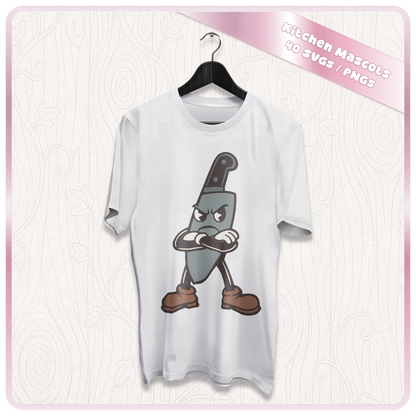 Retro kitchen mascot SVG mockup shown on a white t-shirt with a vintage cartoon knife character for sublimation, apparel, Cricut, and print-on-demand designs.
