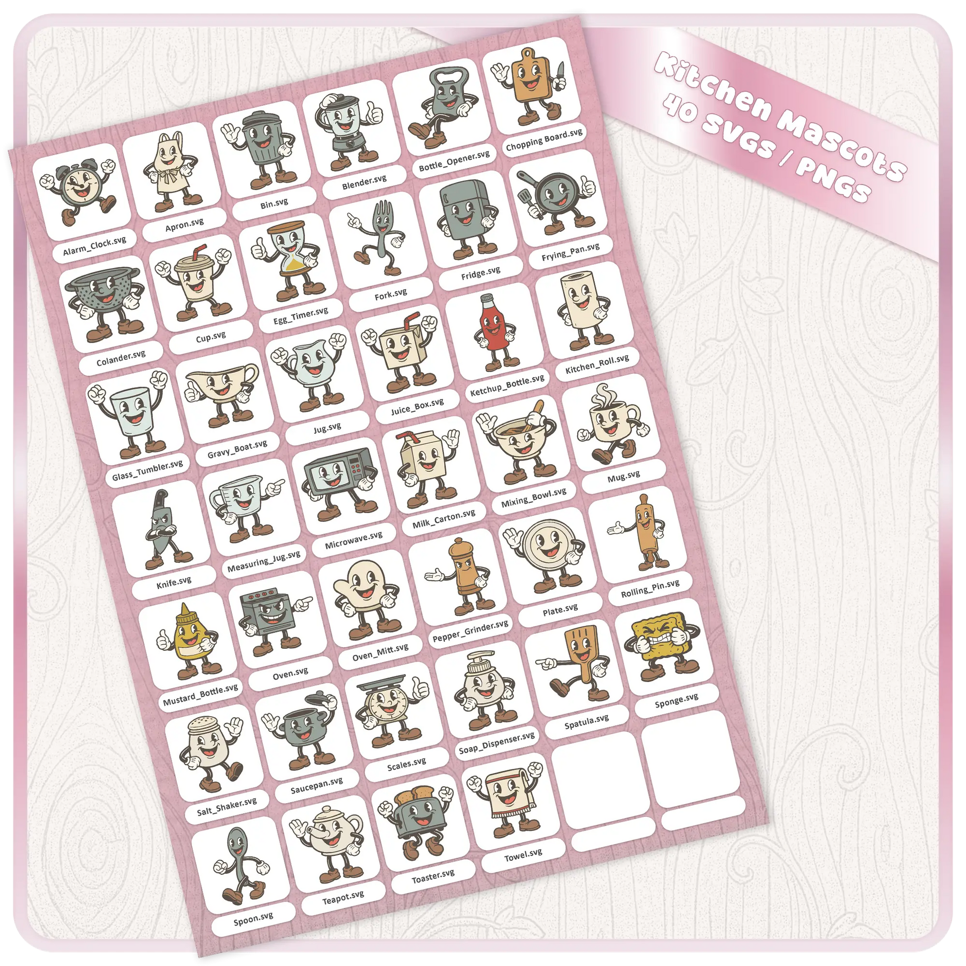 Full preview of Retro Kitchen Mascots 40 SVG and PNG digital clipart bundle featuring vintage cartoon kitchen characters for Cricut, sublimation, stickers, mugs, aprons, and crafts.