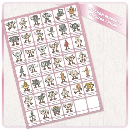 Full preview of Retro Kitchen Mascots 40 SVG and PNG digital clipart bundle featuring vintage cartoon kitchen characters for Cricut, sublimation, stickers, mugs, aprons, and crafts.