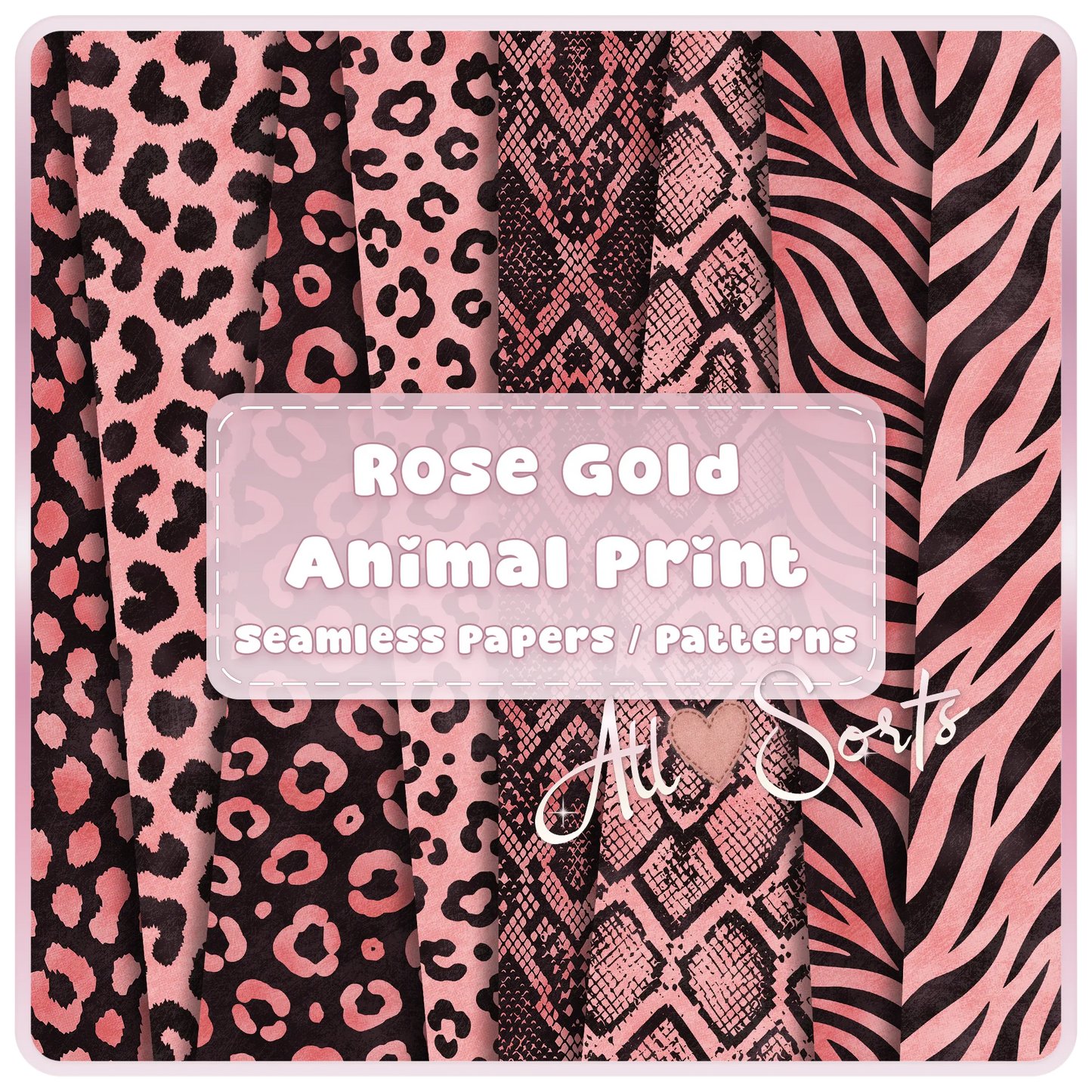 Rose gold animal print seamless digital paper bundle featuring leopard, snakeskin, zebra and safari pattern JPGs for sublimation and scrapbooking.