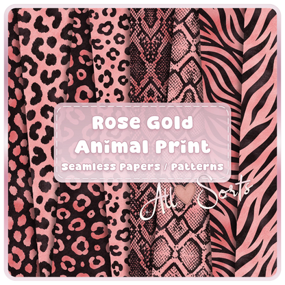 Rose gold animal print seamless digital paper bundle featuring leopard, snakeskin, zebra and safari pattern JPGs for sublimation and scrapbooking.