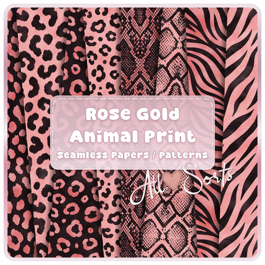 Rose gold animal print seamless digital paper bundle featuring leopard, snakeskin, zebra and safari pattern JPGs for sublimation and scrapbooking.