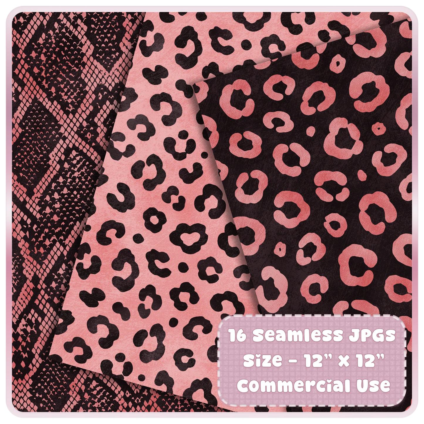 Rose gold leopard and snakeskin seamless pattern preview with 16 JPG digital papers for commercial use craft projects.