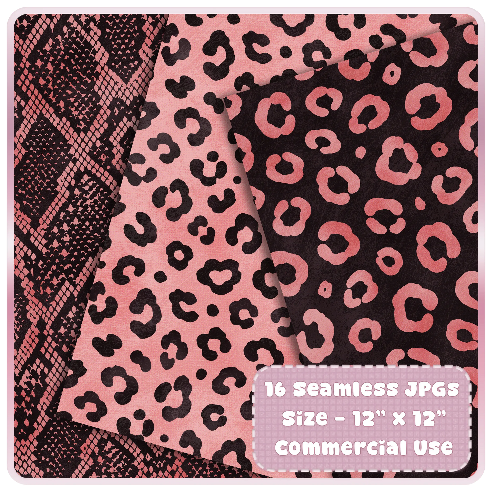 Rose gold leopard and snakeskin seamless pattern preview with 16 JPG digital papers for commercial use craft projects.