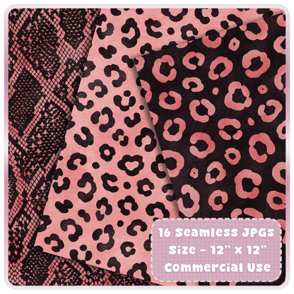 Rose gold leopard and snakeskin seamless pattern preview with 16 JPG digital papers for commercial use craft projects.