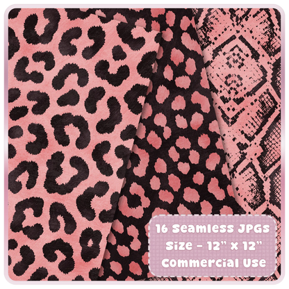 Pink and black leopard print and snakeskin seamless digital paper preview for sublimation, scrapbooking and printable backgrounds.