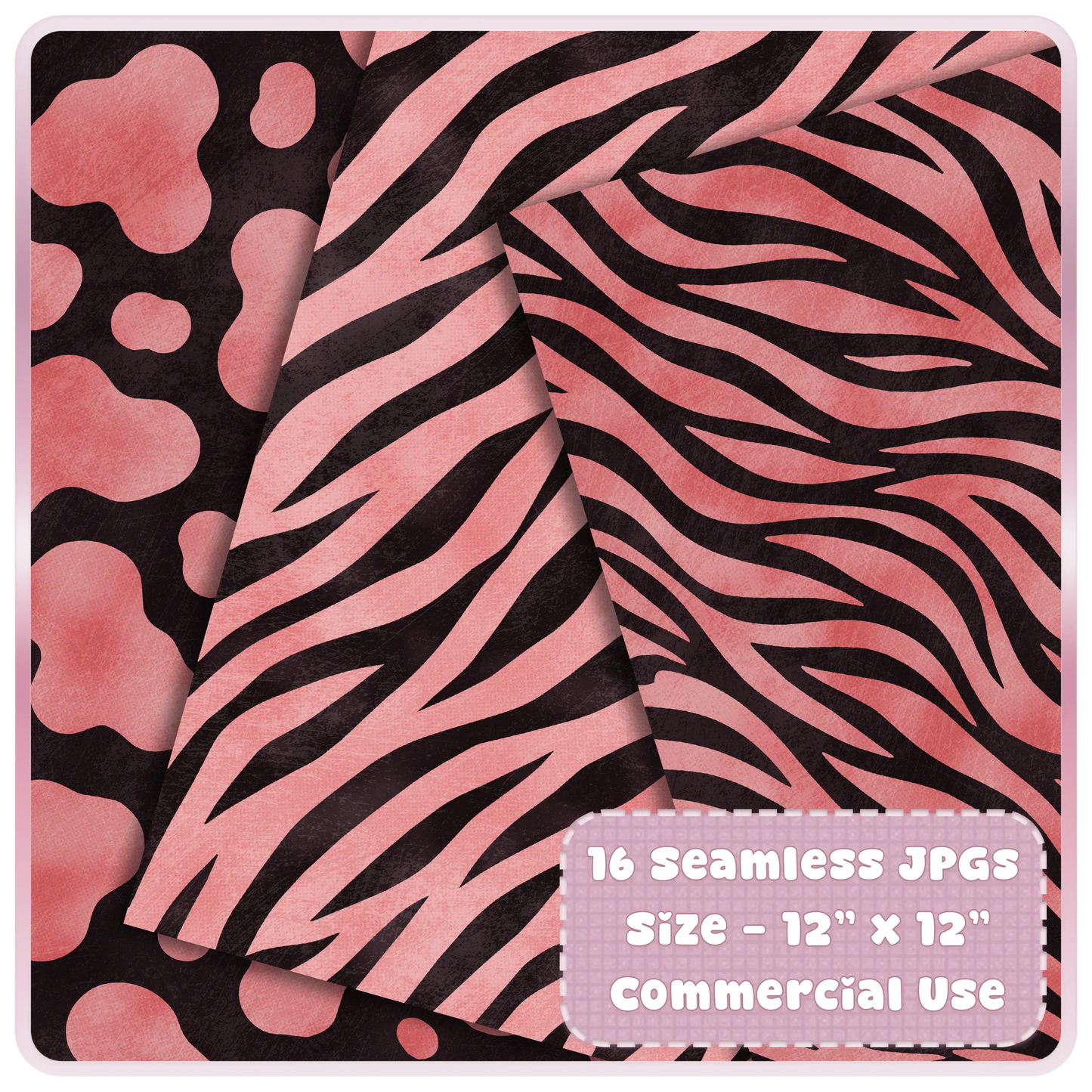Rose gold zebra print seamless digital paper preview with black safari stripe patterns for sublimation and craft designs.