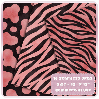 Rose gold zebra print seamless digital paper preview with black safari stripe patterns for sublimation and craft designs.
