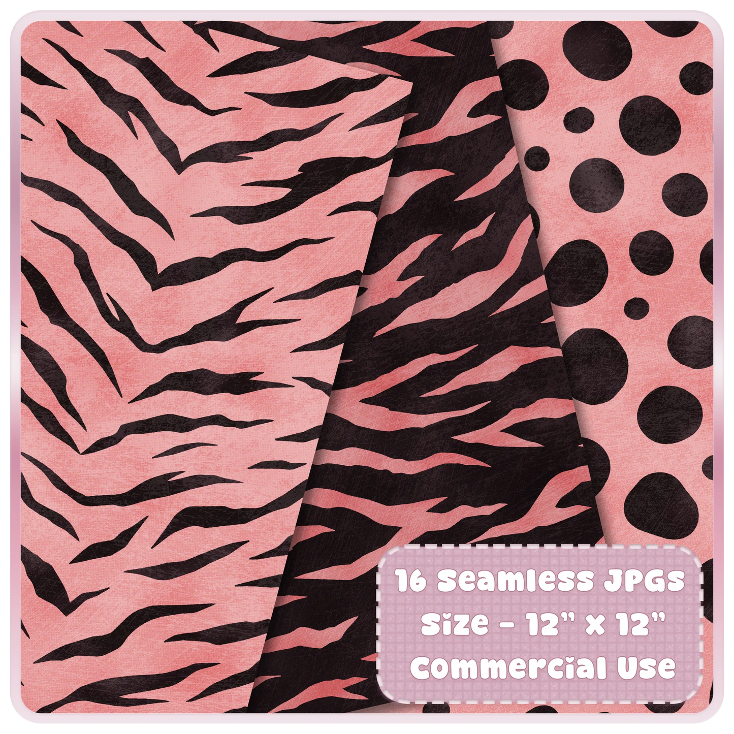 Rose gold tiger stripe and polka dot animal print seamless patterns for digital paper, printables and commercial craft projects.