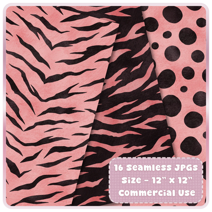 Rose gold tiger stripe and polka dot animal print seamless patterns for digital paper, printables and commercial craft projects.