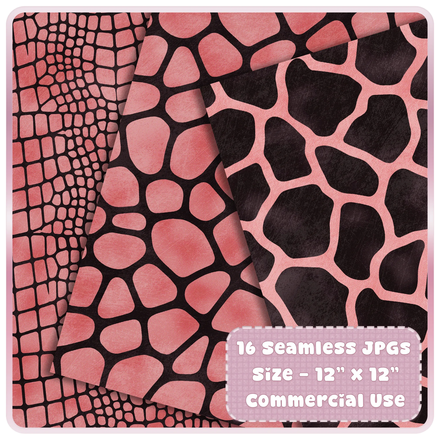 Rose gold giraffe and reptile skin seamless digital paper preview with black animal print patterns for sublimation designs.