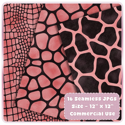 Rose gold giraffe and reptile skin seamless digital paper preview with black animal print patterns for sublimation designs.