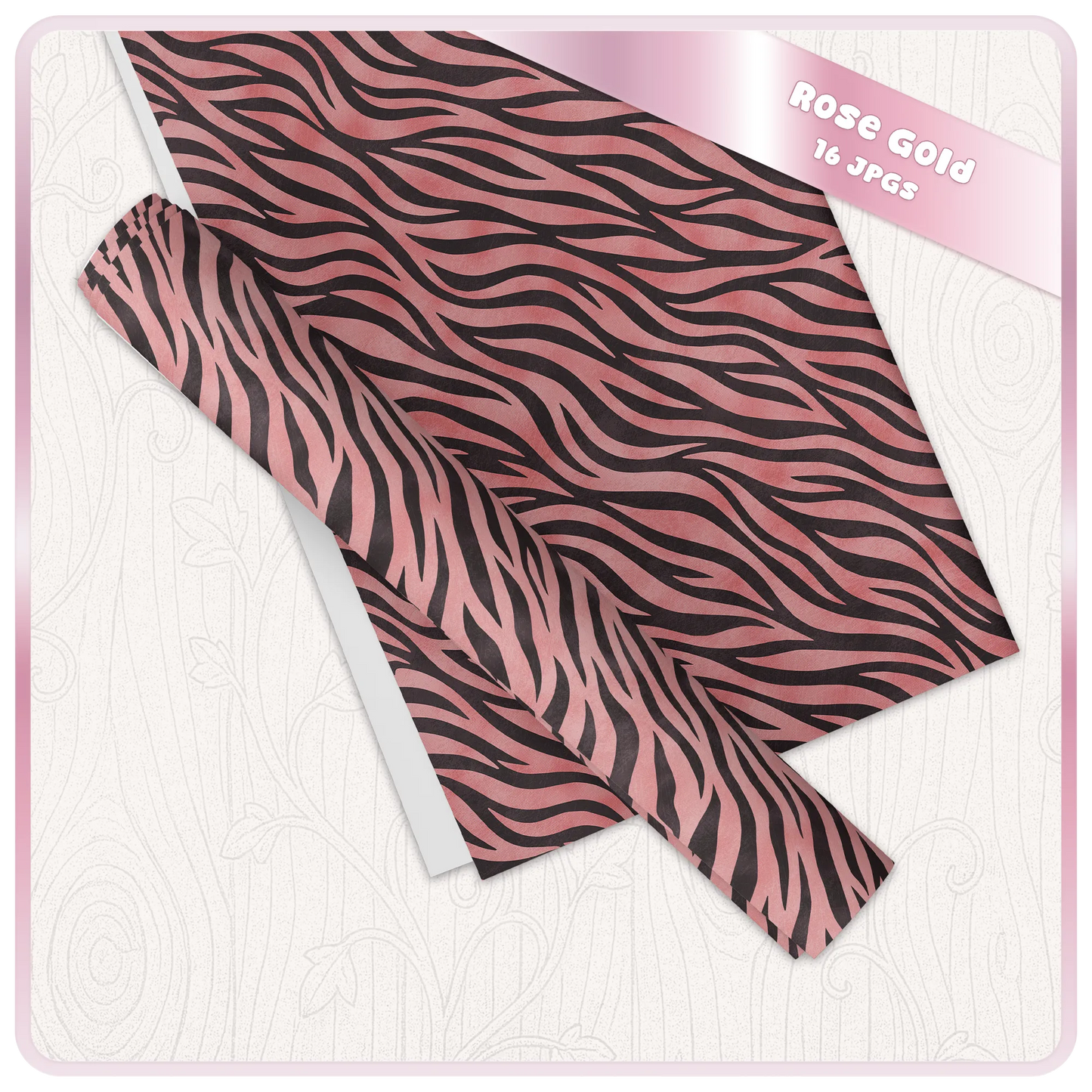 Rose gold zebra print digital paper mockup showing seamless JPG pattern for wrapping paper, stationery and craft projects.