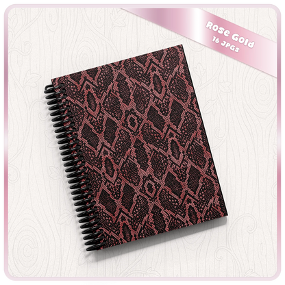 Rose gold snakeskin print notebook mockup using seamless animal print digital paper for planners, journals and POD products.
