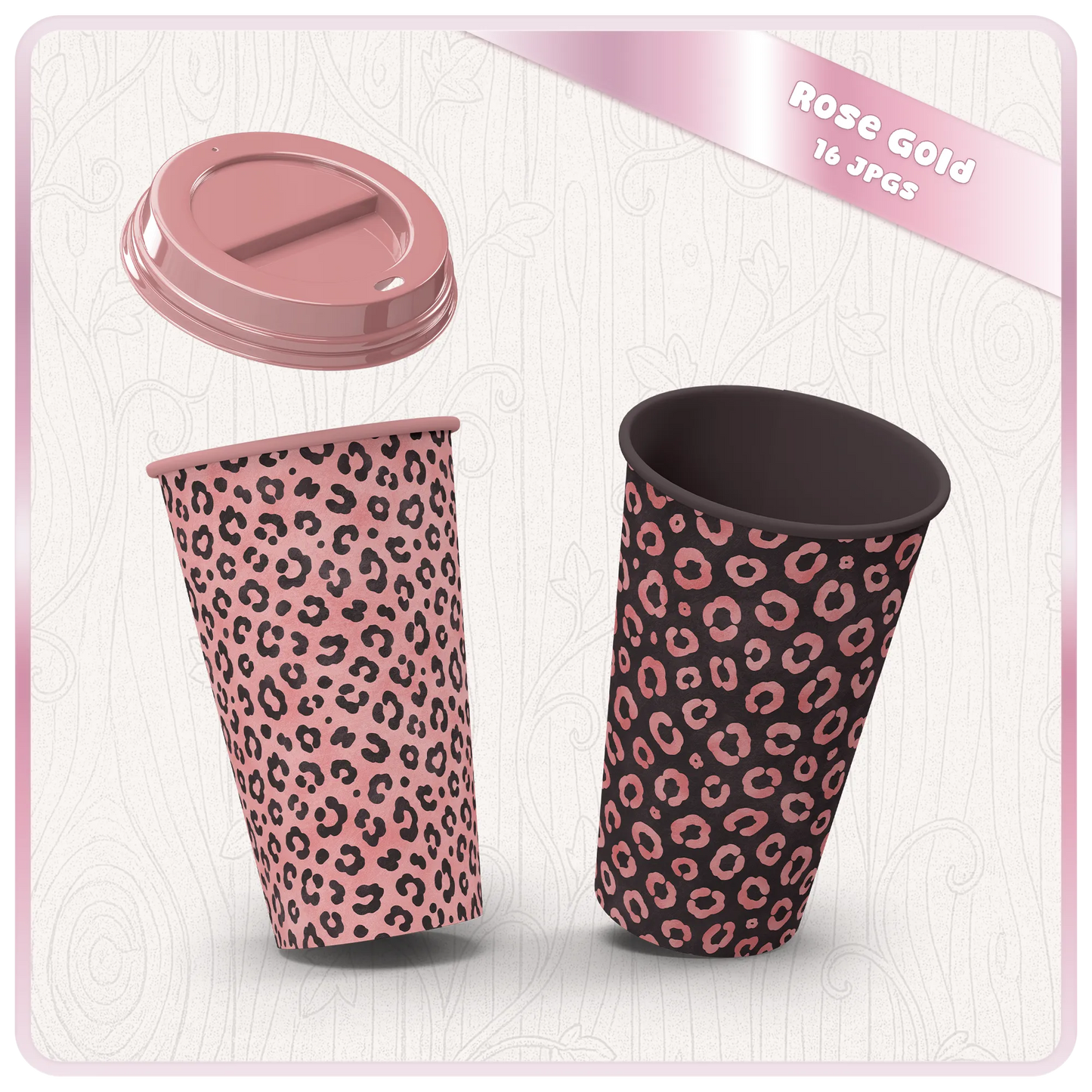 Rose gold leopard print cup mockup featuring seamless animal print JPG patterns for sublimation, tumblers and printable designs.