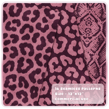 Rose pink leopard print and snakeskin seamless digital papers in dusty pink and deep burgundy