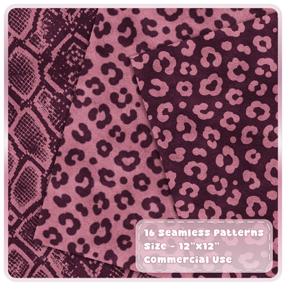 Rose Truffle leopard print and python snakeskin seamless patterns in pink and dark burgundy tones
