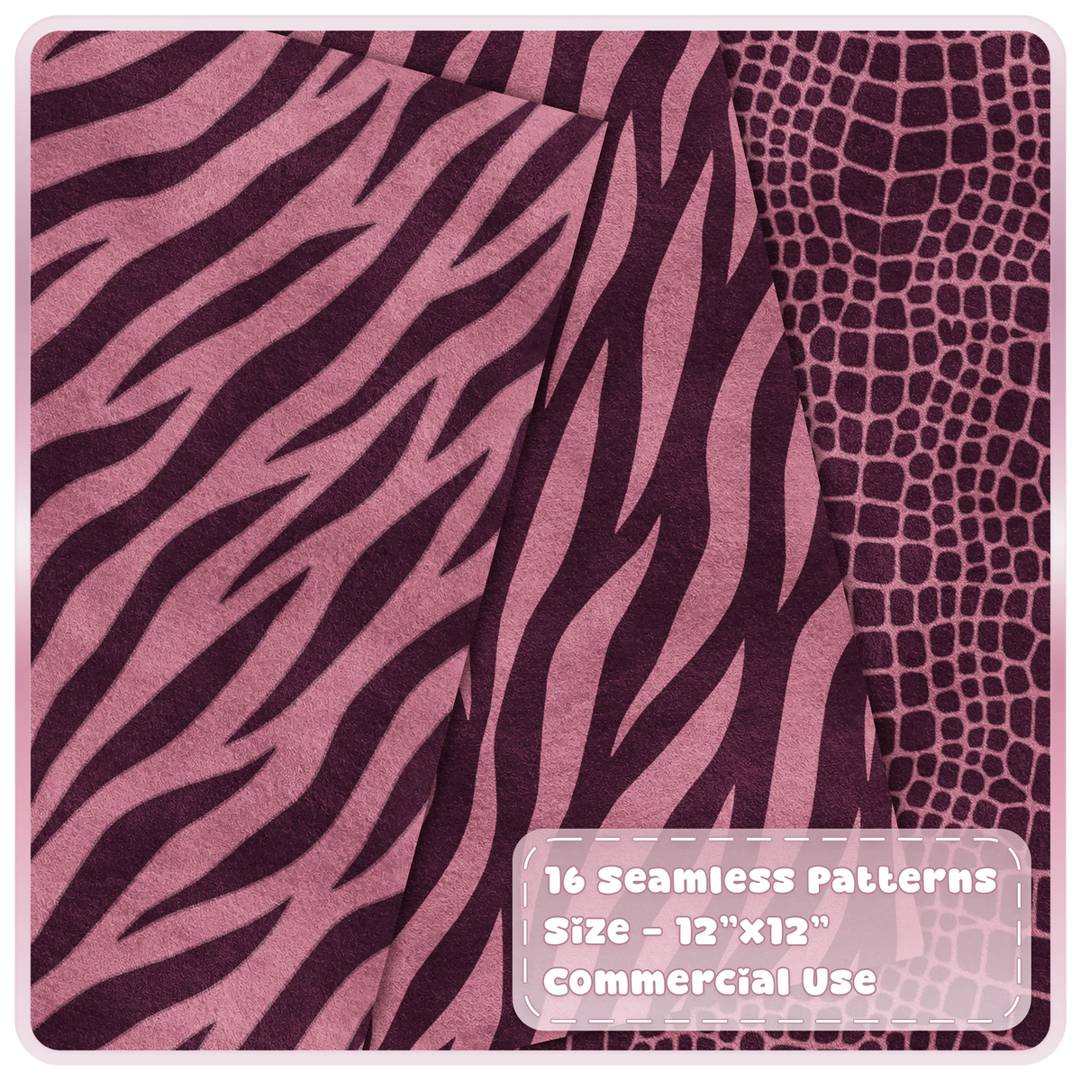 Rose pink zebra stripe and crocodile skin seamless animal print digital papers in burgundy tones