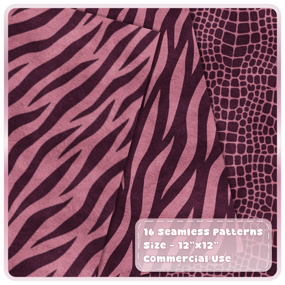 Rose pink zebra stripe and crocodile skin seamless animal print digital papers in burgundy tones