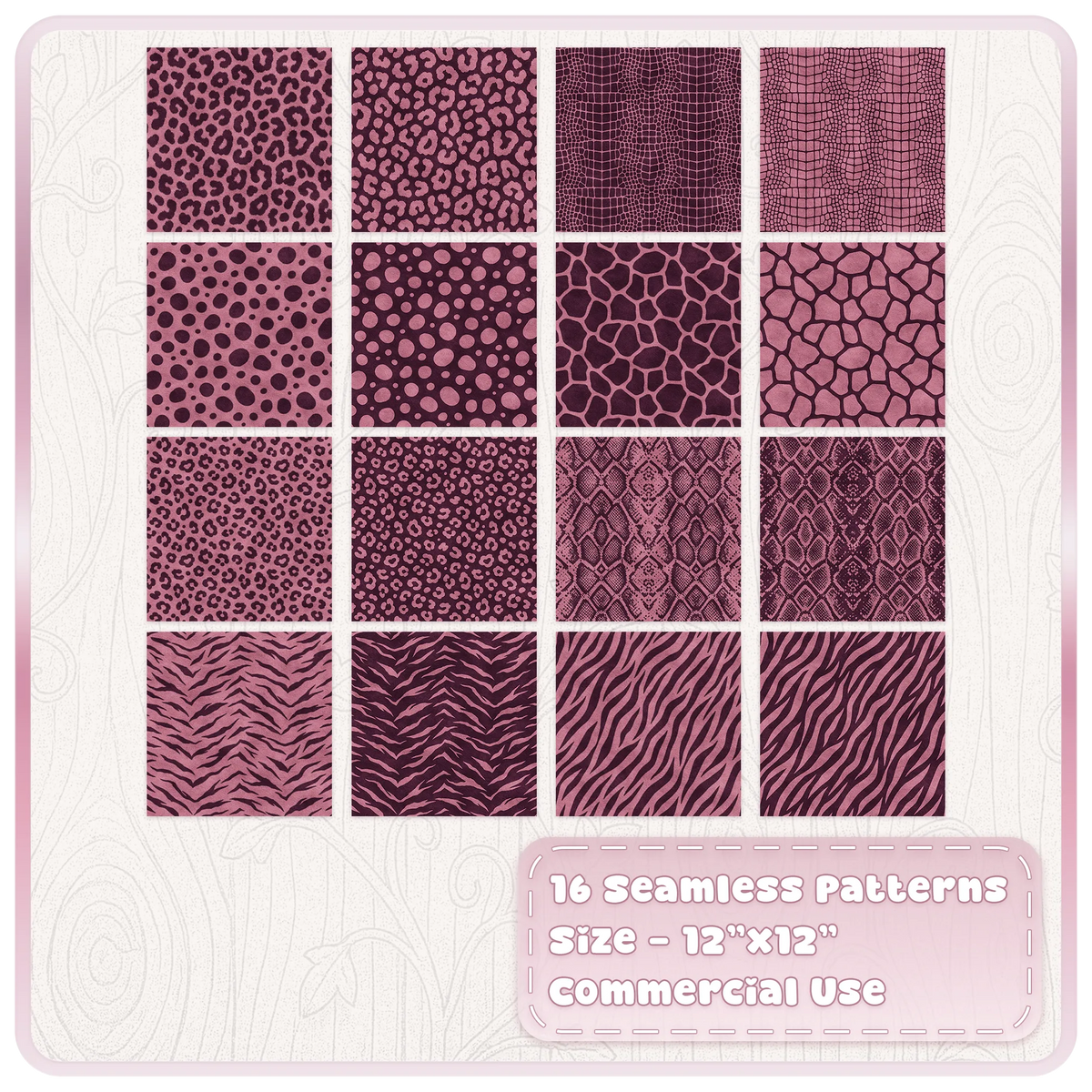 Set of 16 Rose Truffle animal print patterns with leopard zebra snake giraffe and crocodile designs