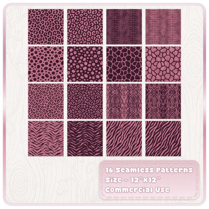 Set of 16 Rose Truffle animal print patterns with leopard zebra snake giraffe and crocodile designs
