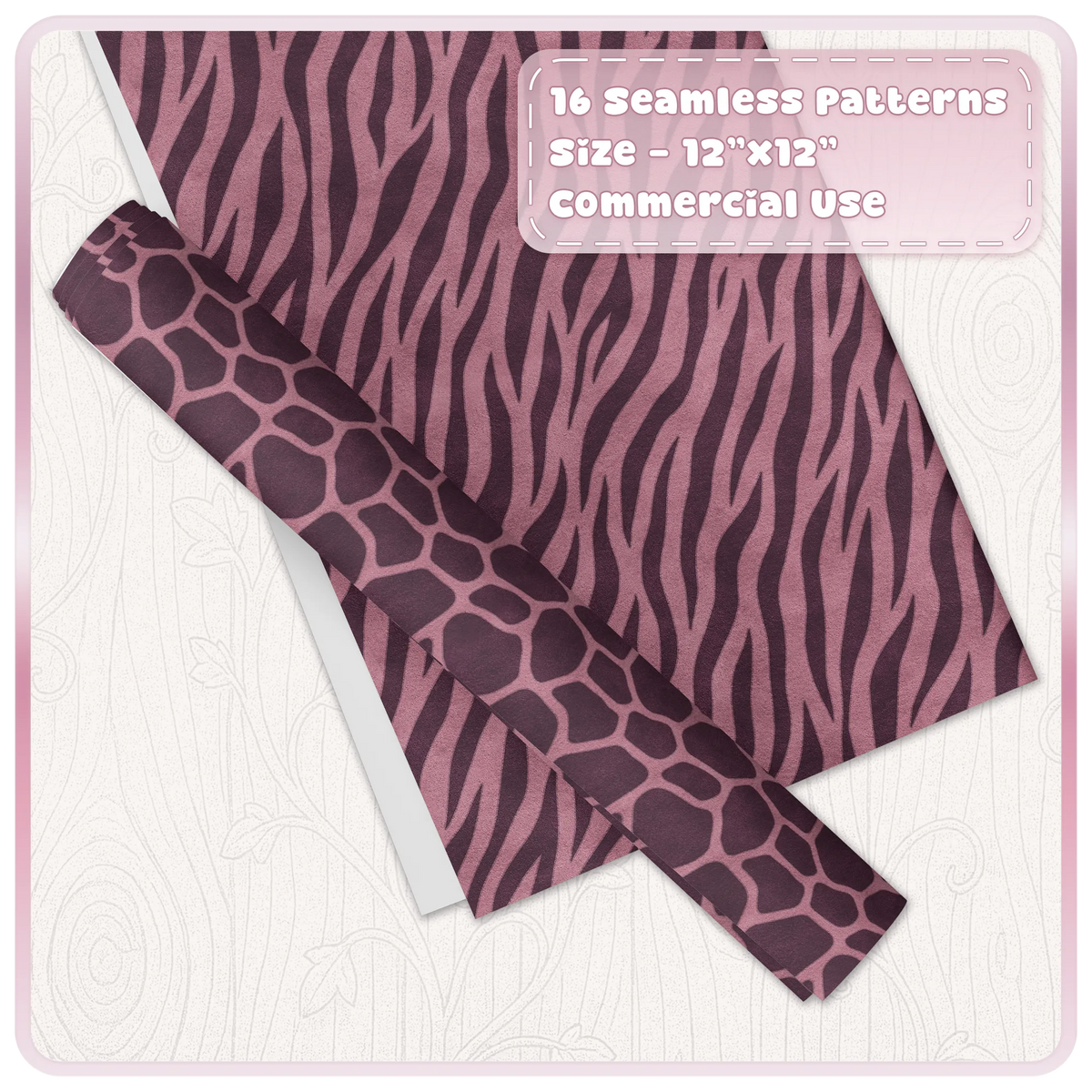 Rose pink zebra and giraffe seamless animal print digital papers shown as coordinating craft sheets