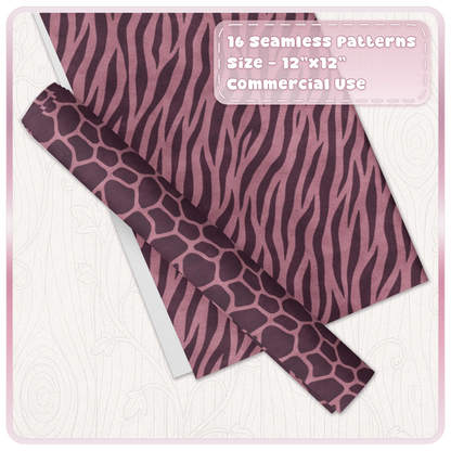 Rose pink zebra and giraffe seamless animal print digital papers shown as coordinating craft sheets