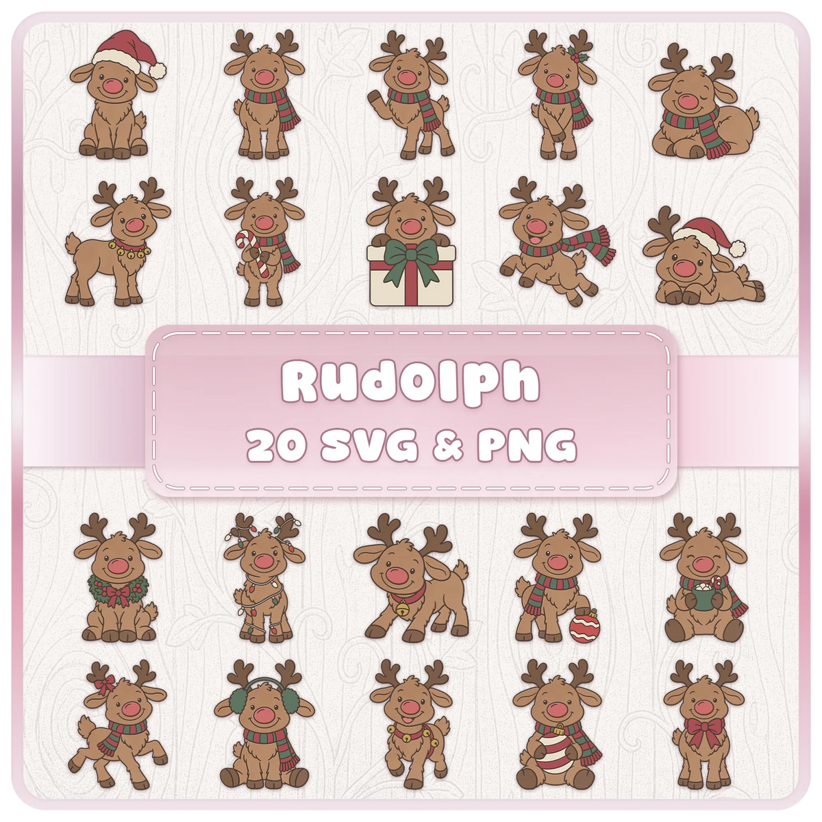 Rudolph reindeer SVG and PNG Christmas clipart bundle featuring 20 cute festive reindeer designs with Santa hats, scarves, presents and Christmas decorations.