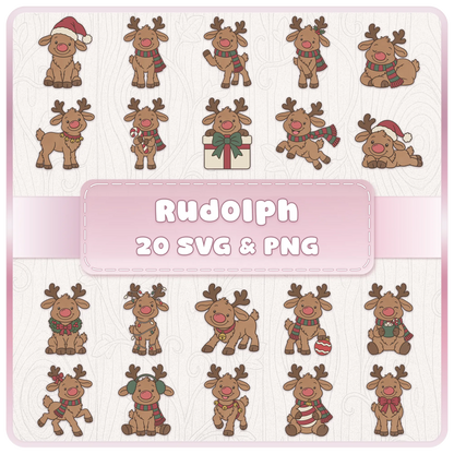 Rudolph reindeer SVG and PNG Christmas clipart bundle featuring 20 cute festive reindeer designs with Santa hats, scarves, presents and Christmas decorations.