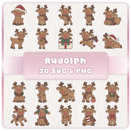 Rudolph reindeer SVG and PNG Christmas clipart bundle featuring 20 cute festive reindeer designs with Santa hats, scarves, presents and Christmas decorations.
