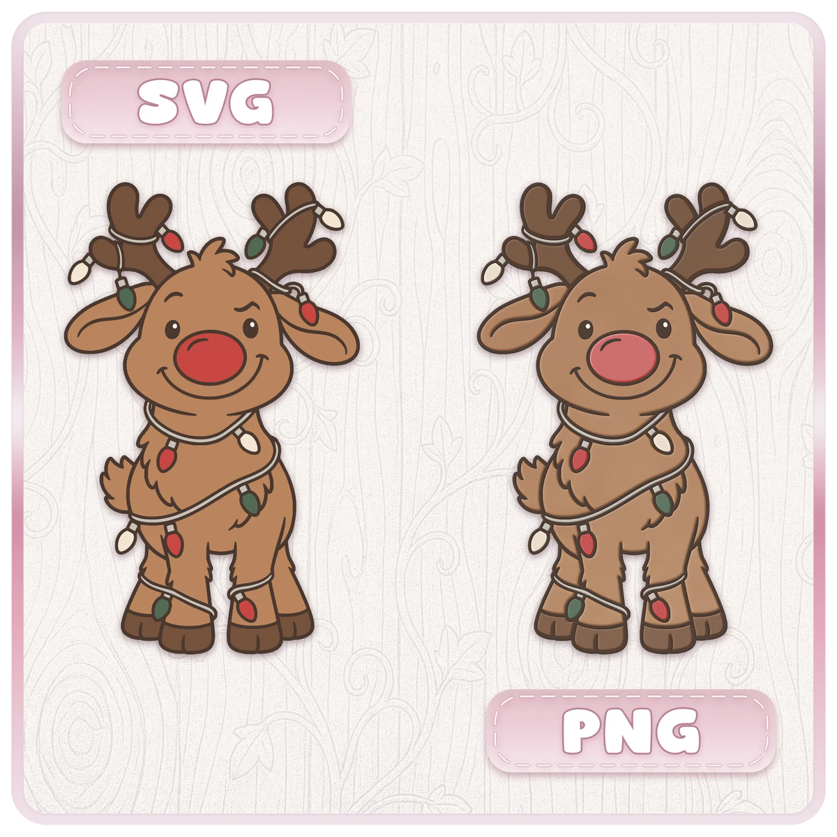 Cute Rudolph Christmas reindeer wrapped in colourful fairy lights, showing SVG cut file and PNG clipart versions for festive crafts.