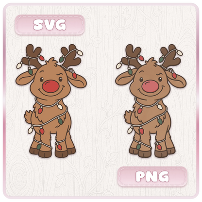 Cute Rudolph Christmas reindeer wrapped in colourful fairy lights, showing SVG cut file and PNG clipart versions for festive crafts.