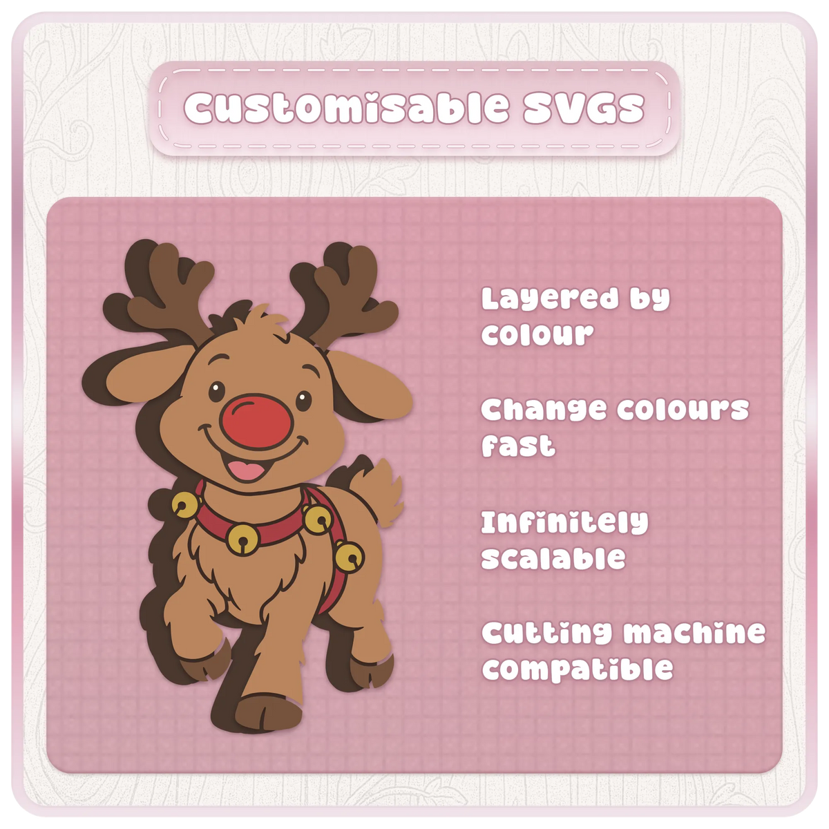 Customisable layered Rudolph reindeer SVG cut file with Christmas bells, showing colour-editable vector layers for Cricut and Silhouette crafting.