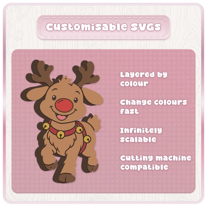 Customisable layered Rudolph reindeer SVG cut file with Christmas bells, showing colour-editable vector layers for Cricut and Silhouette crafting.