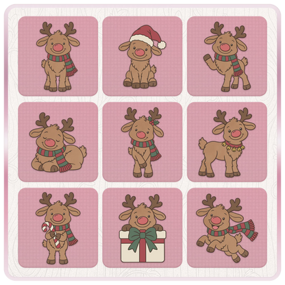 Nine cute Rudolph Christmas reindeer SVG and PNG clipart designs featuring Santa hats, winter scarves, candy canes, presents and festive bells.