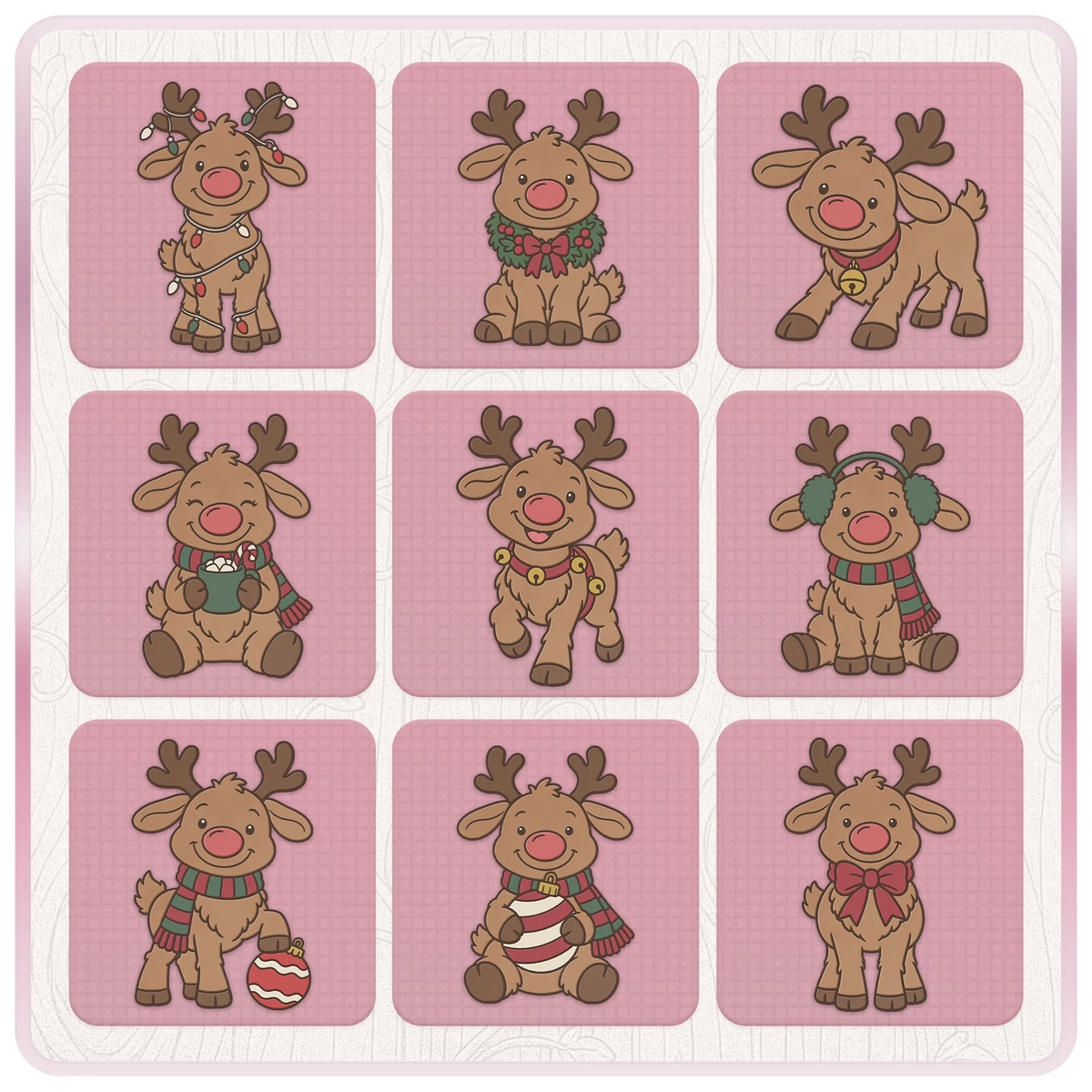 Nine adorable Christmas reindeer clipart designs with fairy lights, wreaths, hot chocolate, earmuffs and baubles from the Rudolph SVG and PNG bundle.
