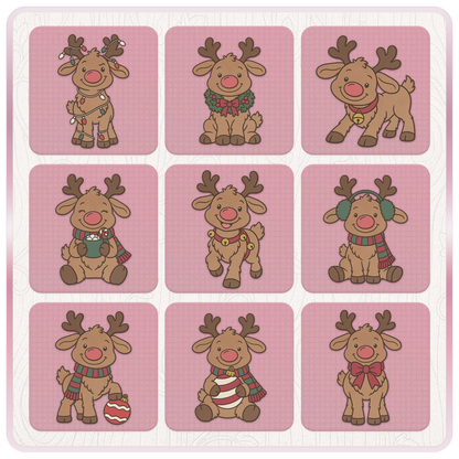 Nine adorable Christmas reindeer clipart designs with fairy lights, wreaths, hot chocolate, earmuffs and baubles from the Rudolph SVG and PNG bundle.