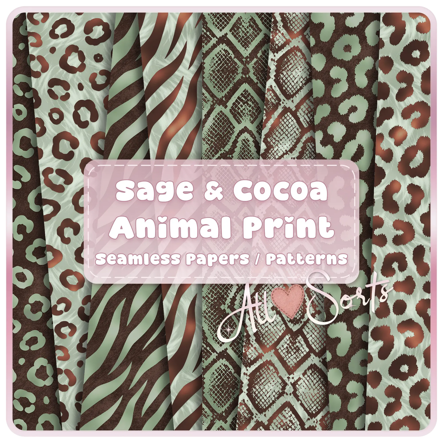 Sage and cocoa animal print seamless pattern bundle featuring leopard zebra and giraffe designs in soft neutral tones