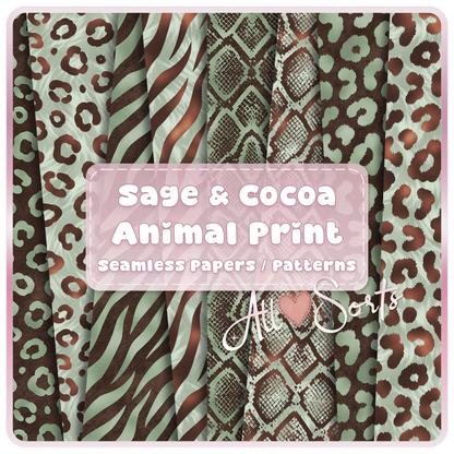 Sage and cocoa animal print seamless pattern bundle featuring leopard zebra and giraffe designs in soft neutral tones