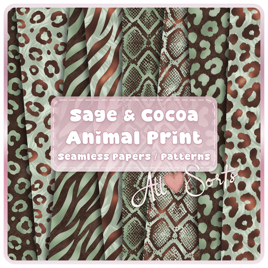 Sage and cocoa animal print seamless pattern bundle featuring leopard zebra and giraffe designs in soft neutral tones