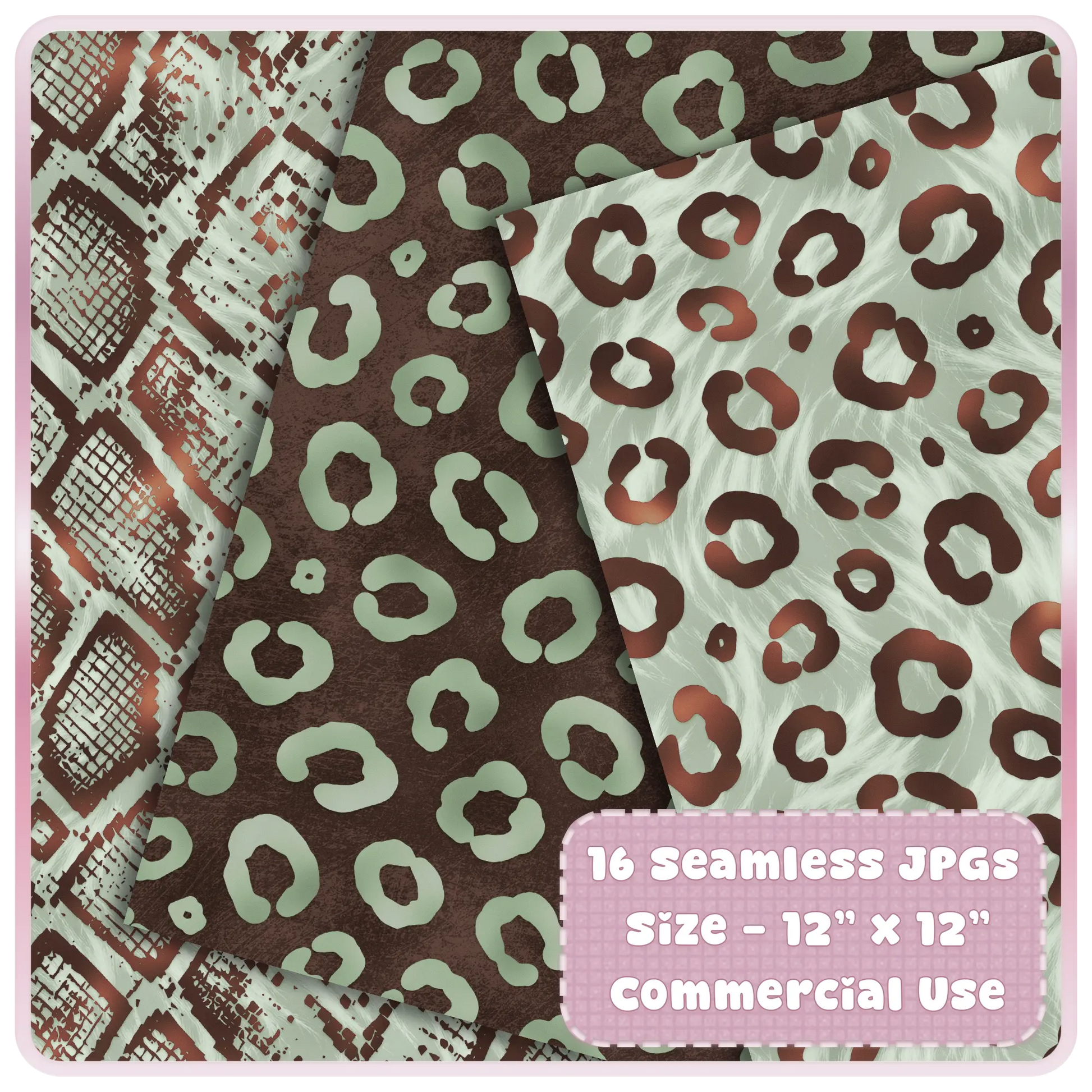 Seamless leopard and textured animal print patterns in sage green and brown tones high resolution digital paper