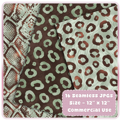Seamless leopard and textured animal print patterns in sage green and brown tones high resolution digital paper