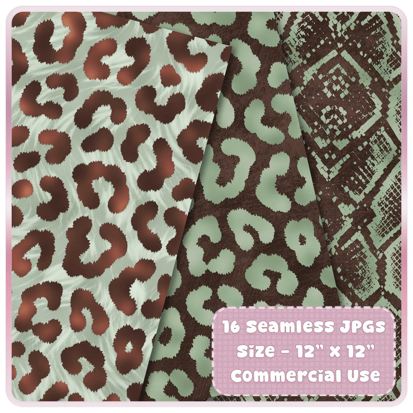 Leopard print seamless patterns in sage and cocoa color palette with soft fur texture effect