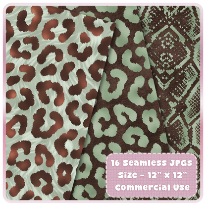 Leopard print seamless patterns in sage and cocoa color palette with soft fur texture effect
